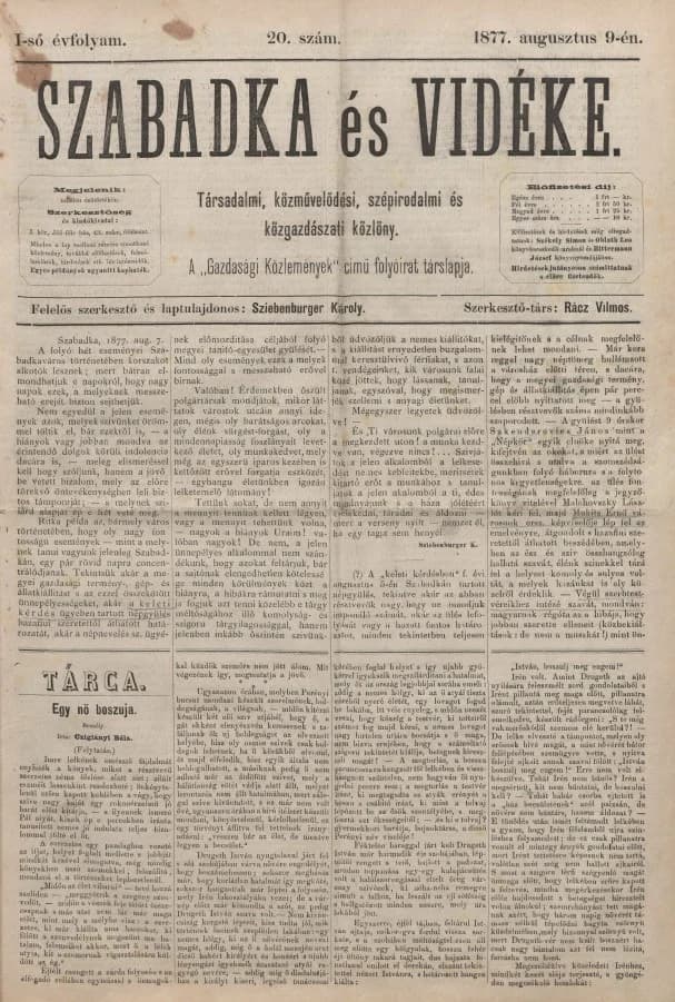 Szabadka és vidéke, 1. évf. 1877. augusztus 9. 20. sz.