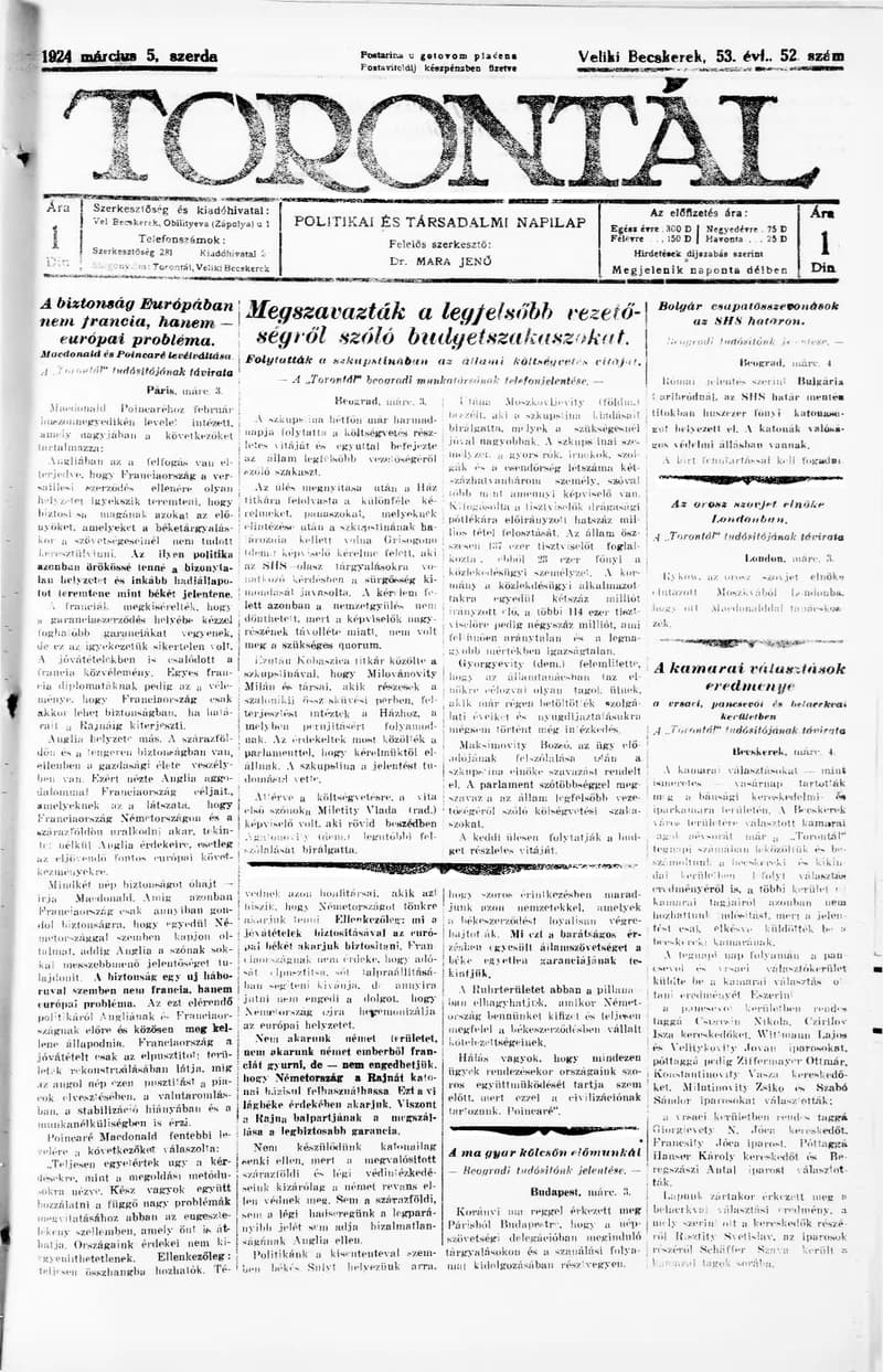 Torontál, 53. évf. 1924. március 5. 52. sz.