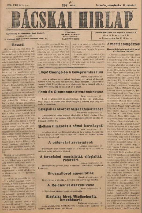 Bácskai Hirlap, 22. évf. 1918. szeptember 14. 207. sz.