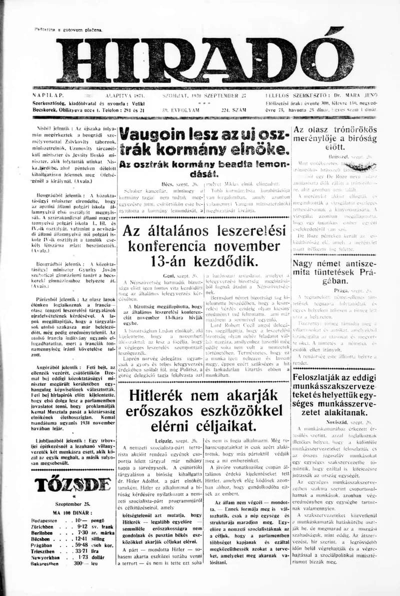 Híradó, 59. évf. 1930. szeptember 27. 224. sz.