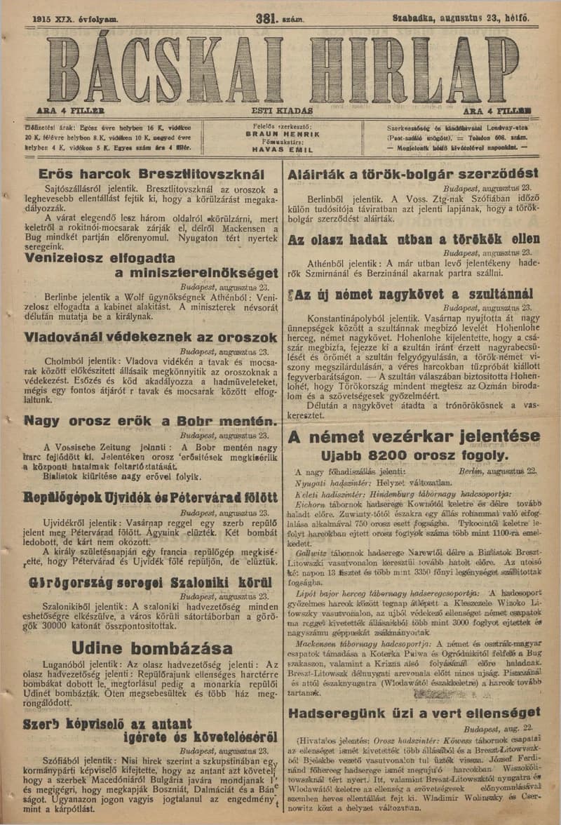 Bácskai Hirlap, 19. évf. 1915. augusztus 23. 381. sz.