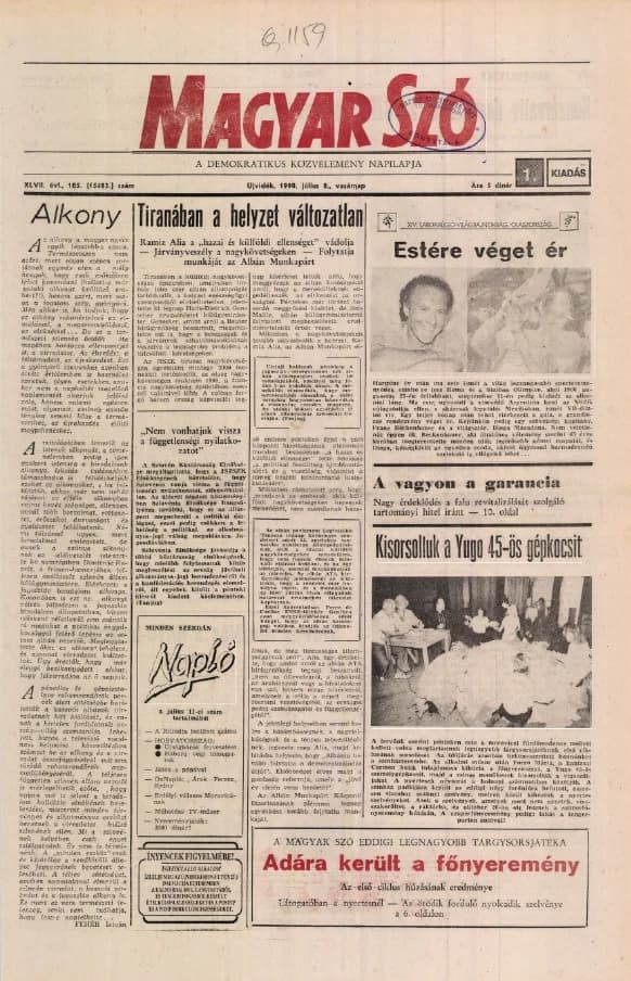 Magyar Szó, 47. évf. 1990. július 8. 185. sz. 1–28. oldal