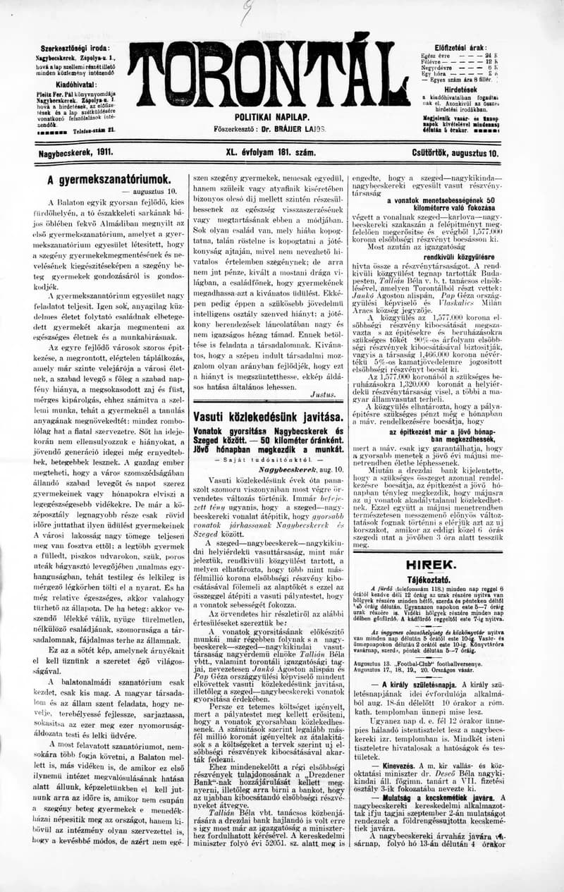 Torontál, 40. évf. 1911. augusztus 10. 181. sz.