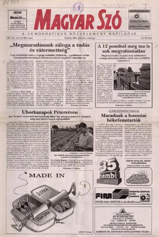 Magyar Szó, 59. évf. 2002. július 14. 163. sz. 1–28. oldal