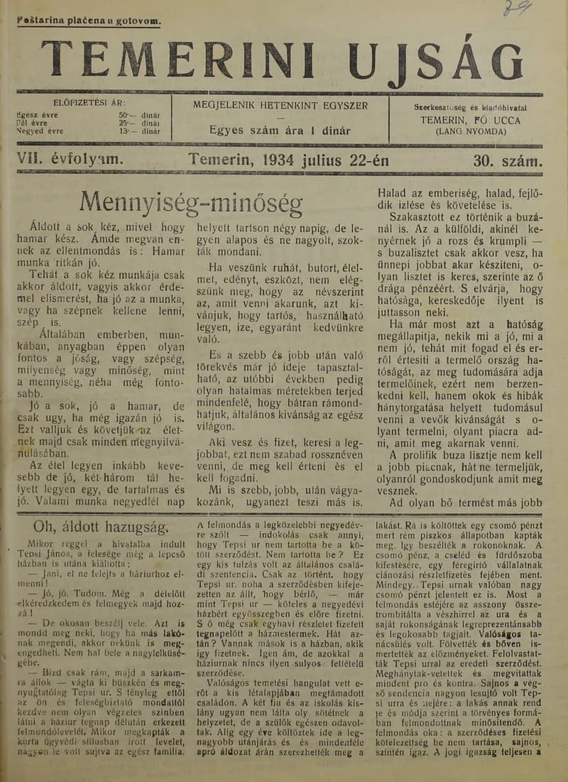 Temerini Újság 1928-1944, 7. évf. 1934. július 22. 30. sz.