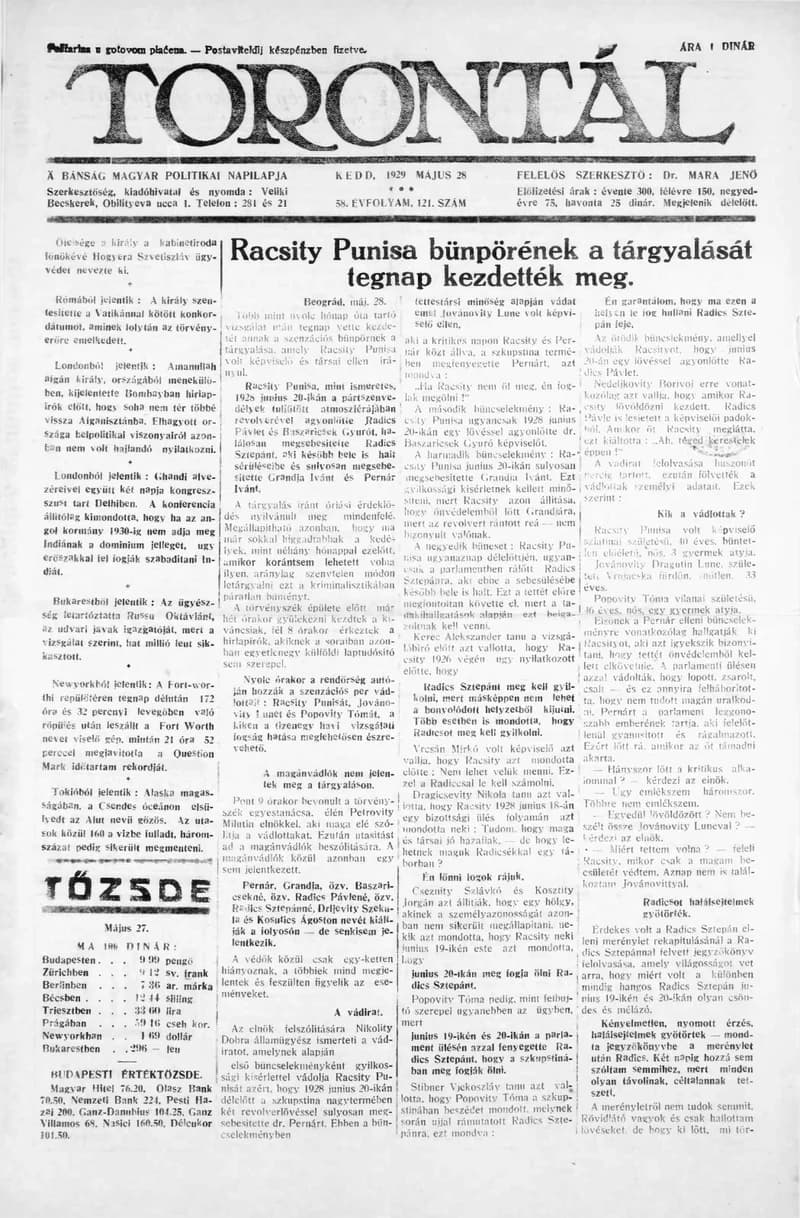 Torontál, 58. évf. 1929. május 28. 121. sz.