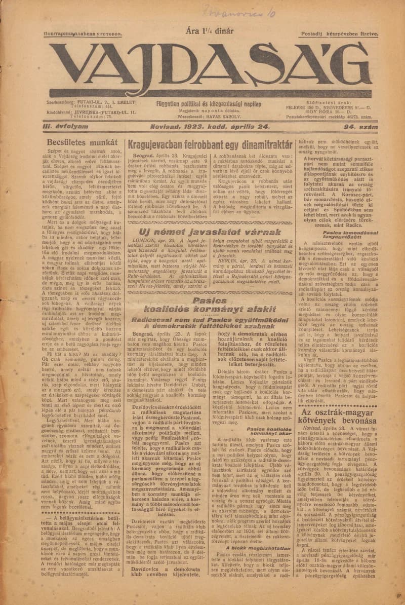 Vajdaság, 3. évf. 1923. április 24. 94. sz.