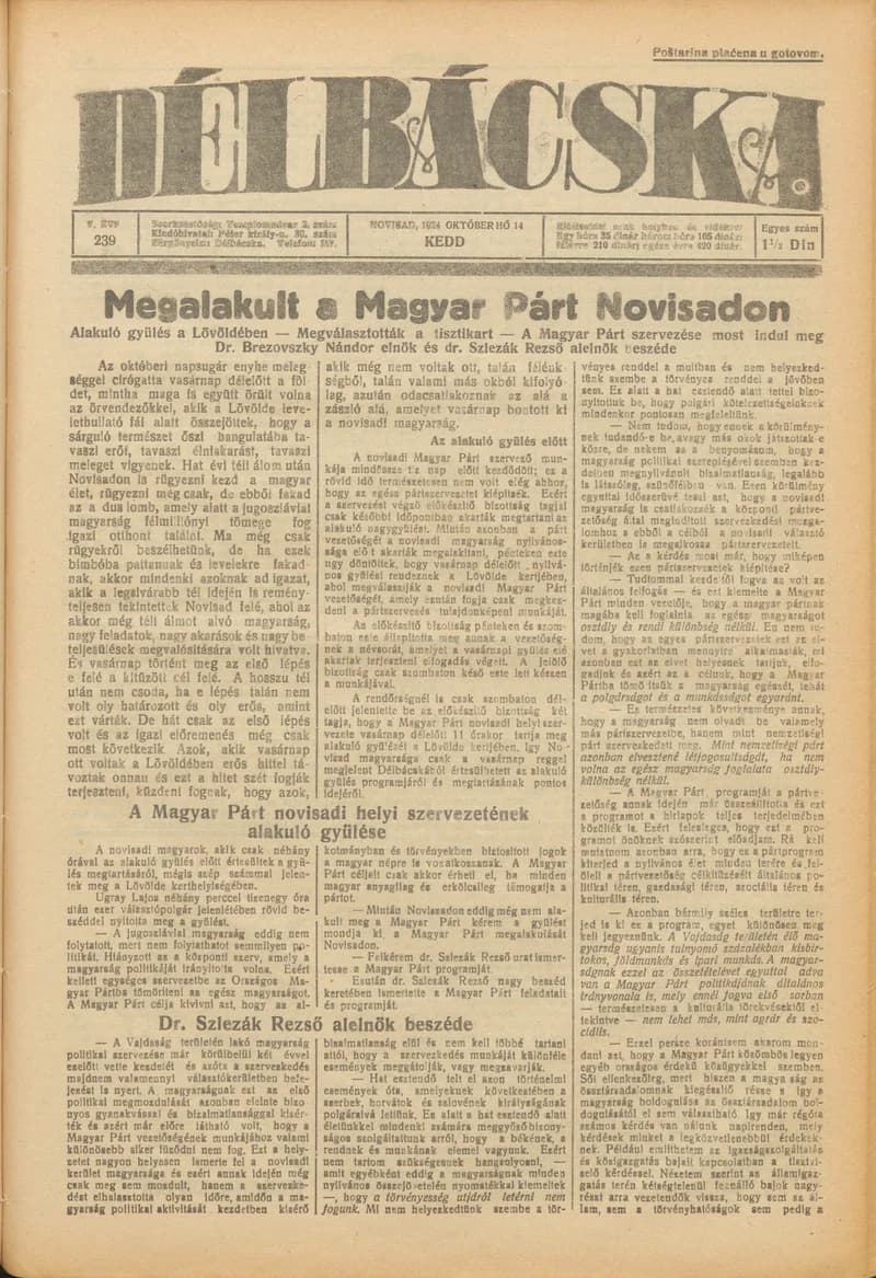 Délbácska, 5. évf. 1924. október 14. 239. sz.