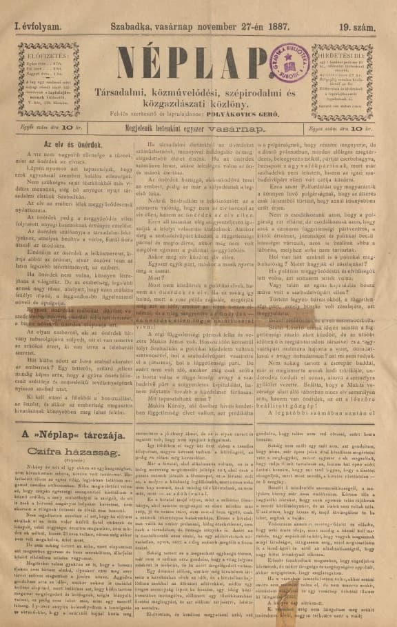 Néplap, 1. évf. 1887. november 27. 19. sz.