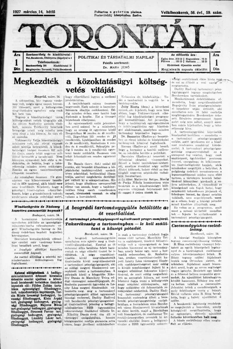 Torontál, 56. évf. 1927. március 14. 59. sz.