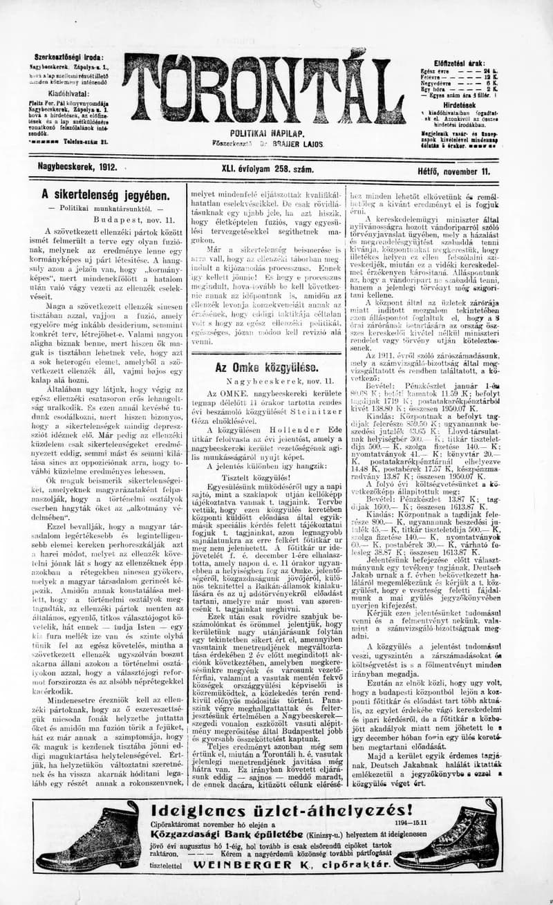 Torontál, 41. évf. 1912. november 11. 258. sz.