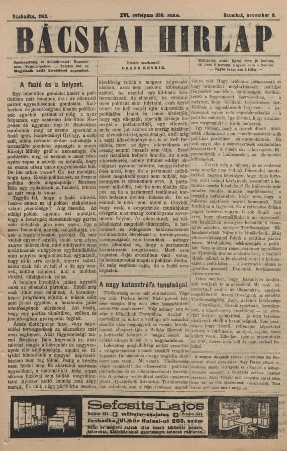Bácskai Hirlap, 16. évf. 1912. november 9. 256. sz.