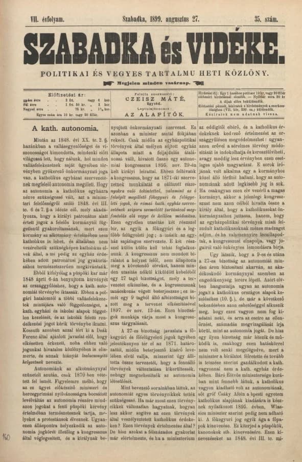 Szabadka és vidéke II, 7. évf. 1899. augusztus 27. 35. sz.