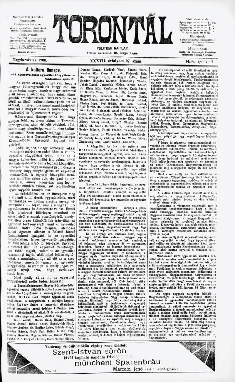 Torontál, 37. évf. 1908. április 27. 97. sz.
