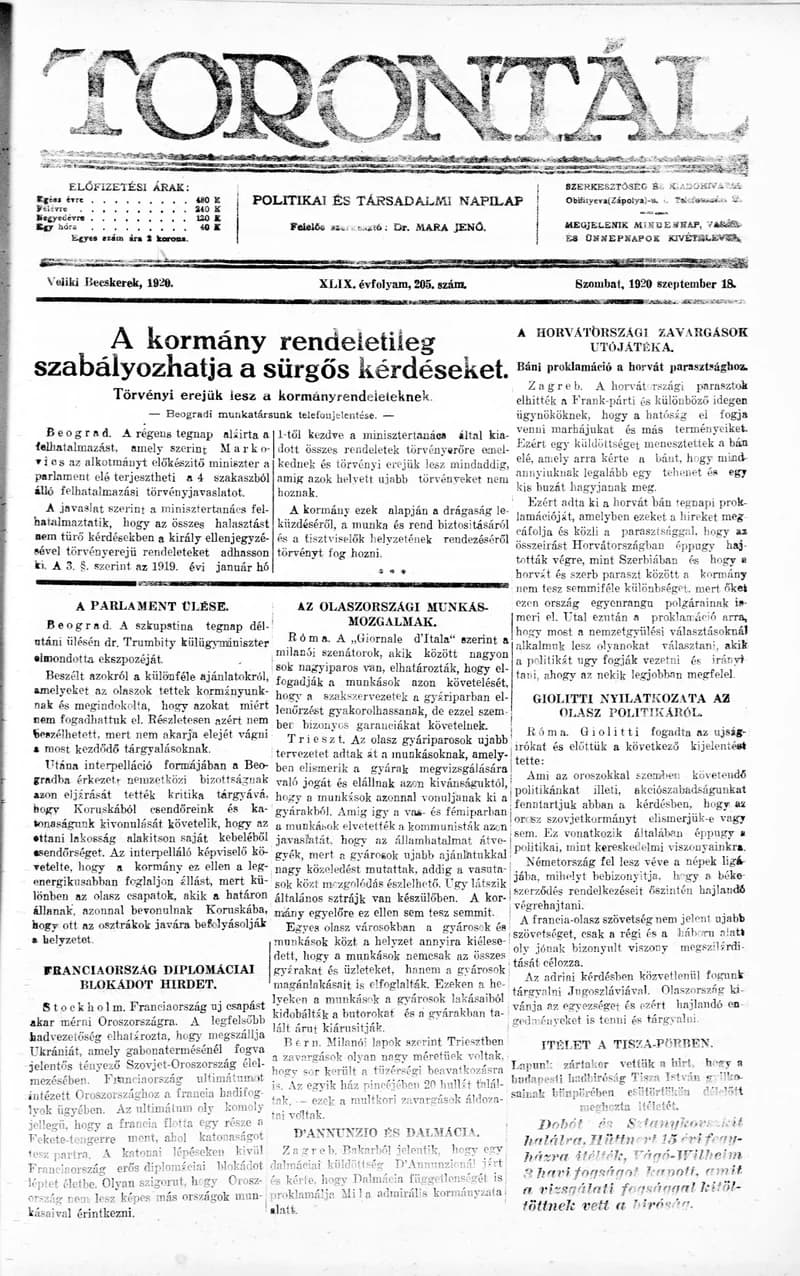 Torontál, 49. évf. 1920. szeptember 18. 205. sz.