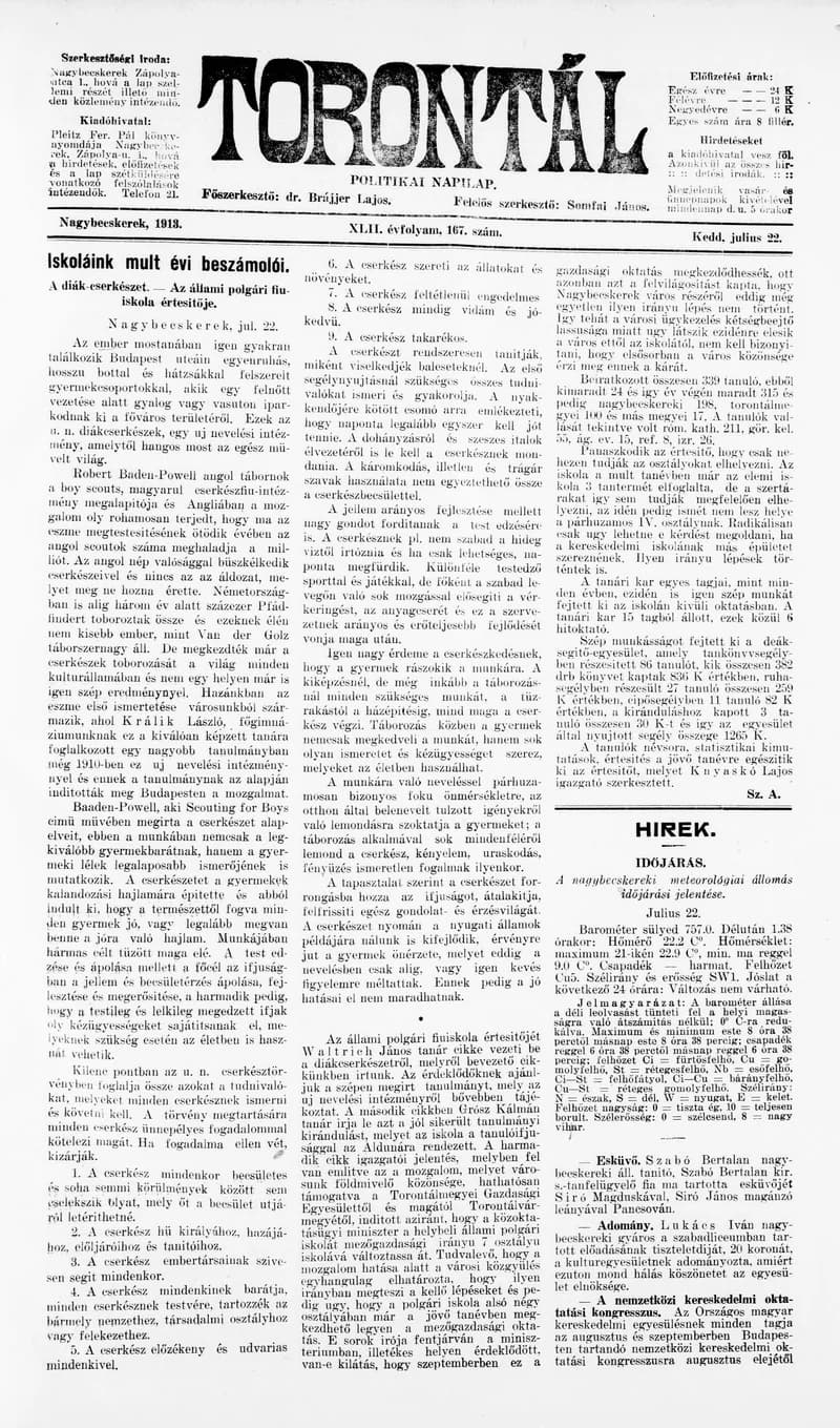 Torontál, 42. évf. 1913. július 22. 167. sz.