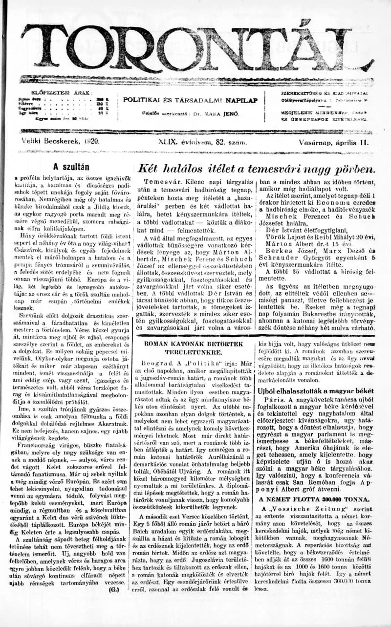 Torontál, 49. évf. 1920. április 11. 82. sz.
