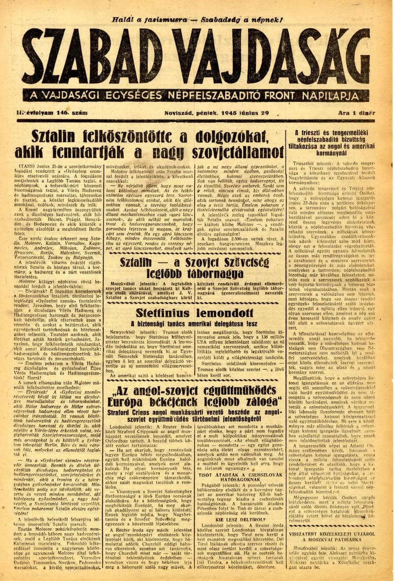 Szabad Vajdaság, 2. évf. 1945. június 29. 146. sz.