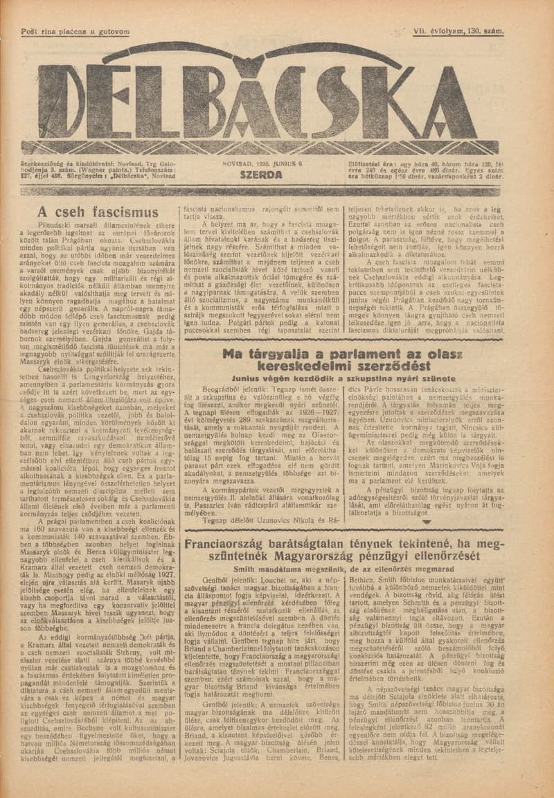 Délbácska, 7. évf. 1926. június 9. 130. sz.