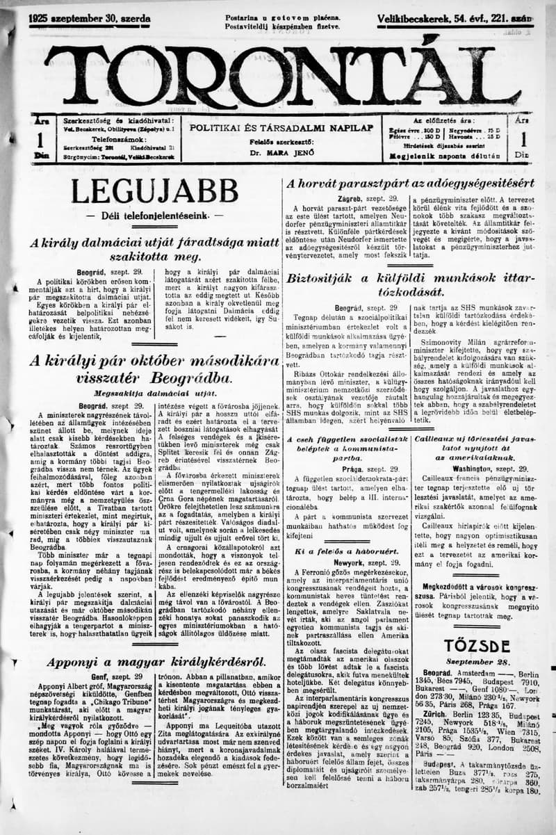 Torontál, 54. évf. 1925. szeptember 30. 221. sz.