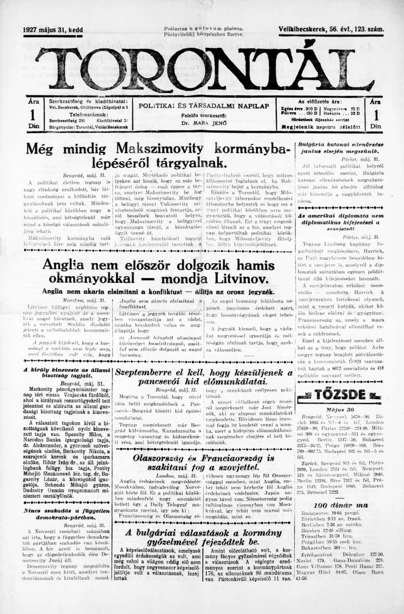 Torontál, 56. évf. 1927. május 31. 123. sz.