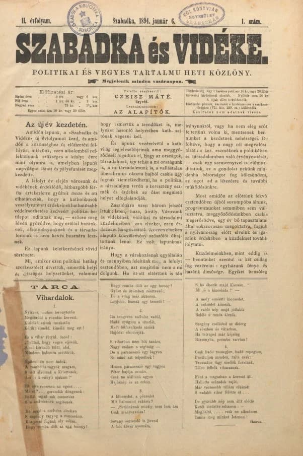 Szabadka és vidéke II, 1. évf. 1894. január 6. 1. sz.