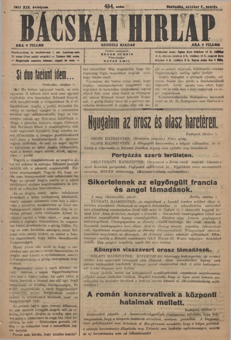 Bácskai Hirlap, 19. évf. 1915. október 6. 454. sz.