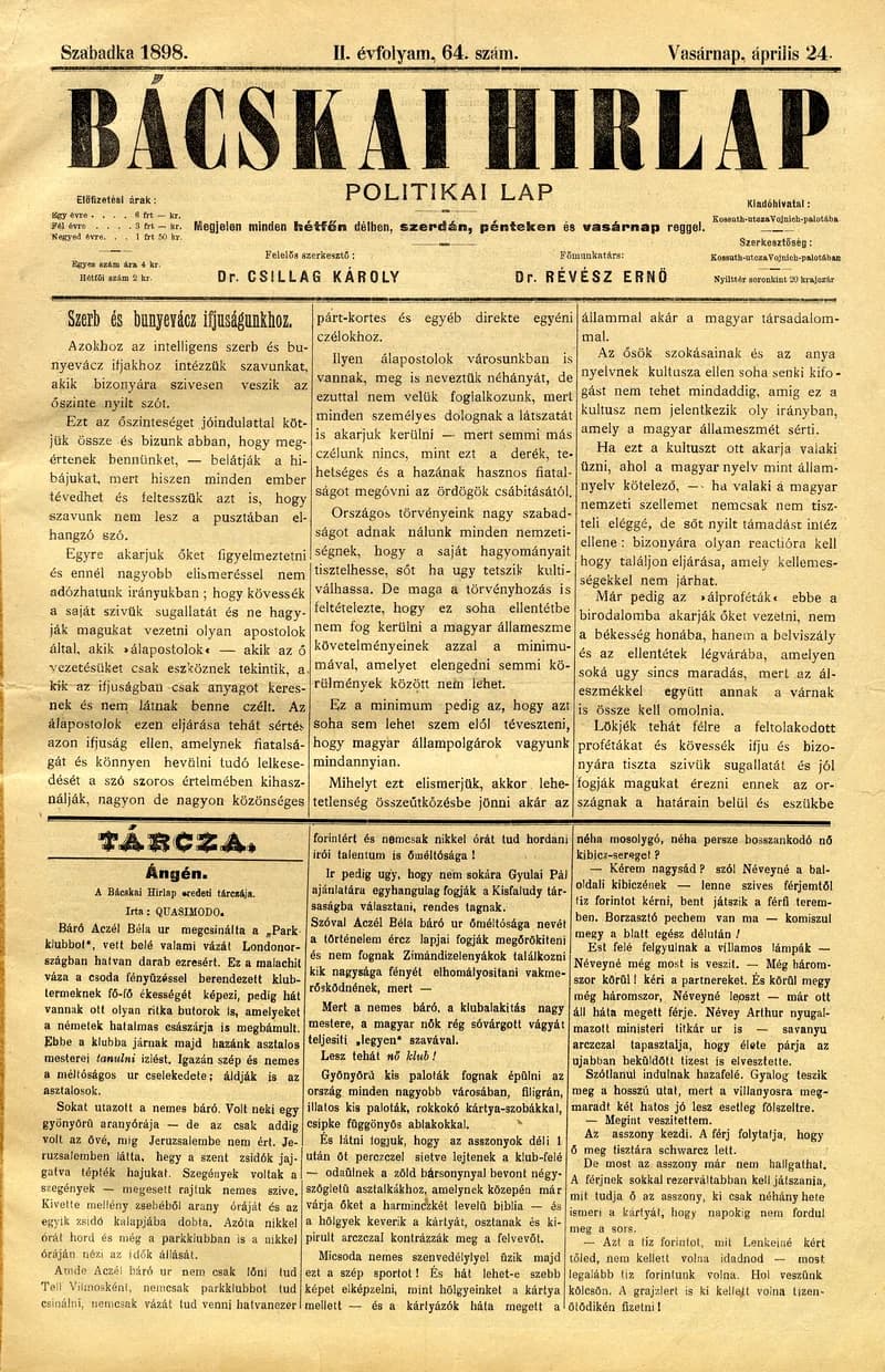 Bácskai Hirlap, 2. évf. 1898. április 24. 64. sz. 1–8. oldal