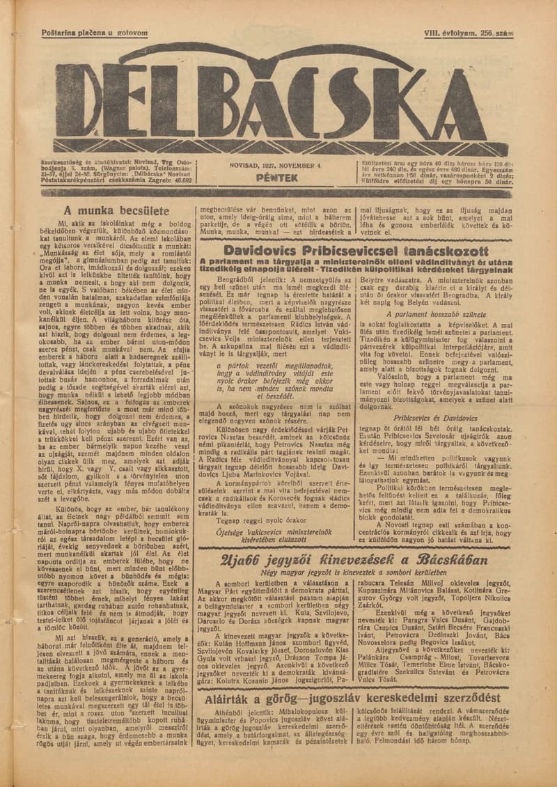 Délbácska, 8. évf. 1927. november 4. 256. sz.