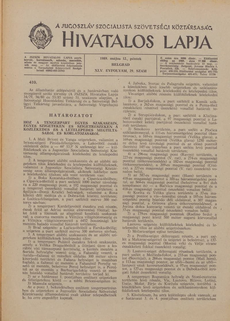 A Jugoszláv Szocialista Szövetségi Köztársaság Hivatalos Lapja, 45. évf. 1989. május 12. 29. sz. 769–776. oldal