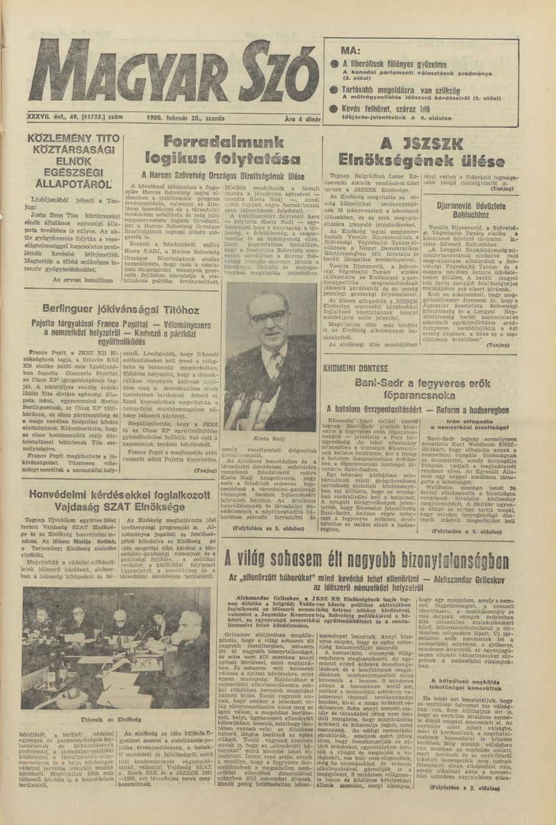 Magyar Szó, 37. évf. 1980. február 20. 49. sz. 1–20. oldal