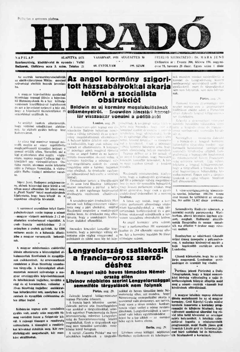 Híradó, 60. évf. 1931. augusztus 30. 199. sz.