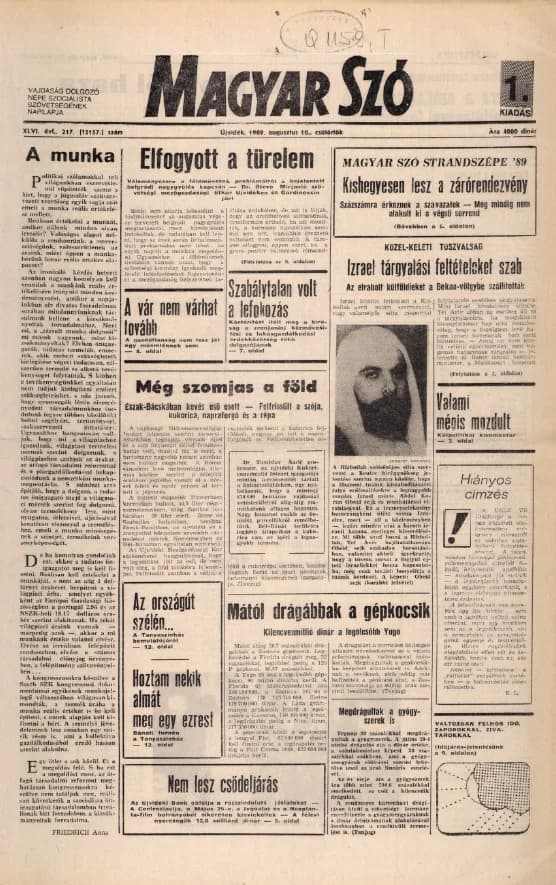 Magyar Szó, 46. évf. 1989. augusztus 10. 217. sz. 1–16. oldal