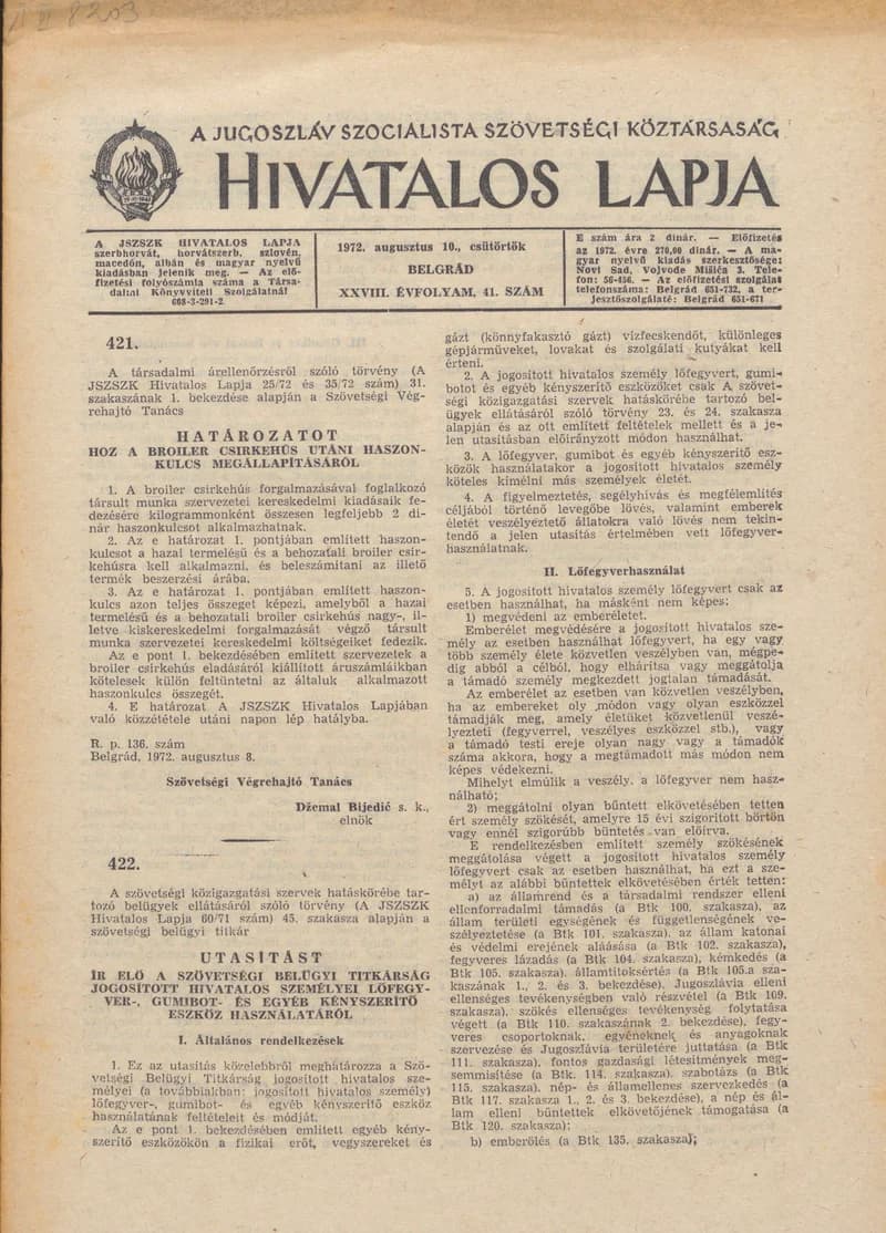 A Jugoszláv Szocialista Szövetségi Köztársaság Hivatalos Lapja, 28. évf. 1972. augusztus 10. 41. sz. 857–860. oldal