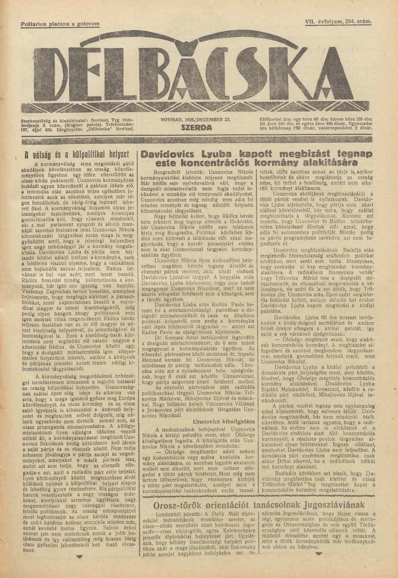 Délbácska, 7. évf. 1926. december 22. 294. sz.