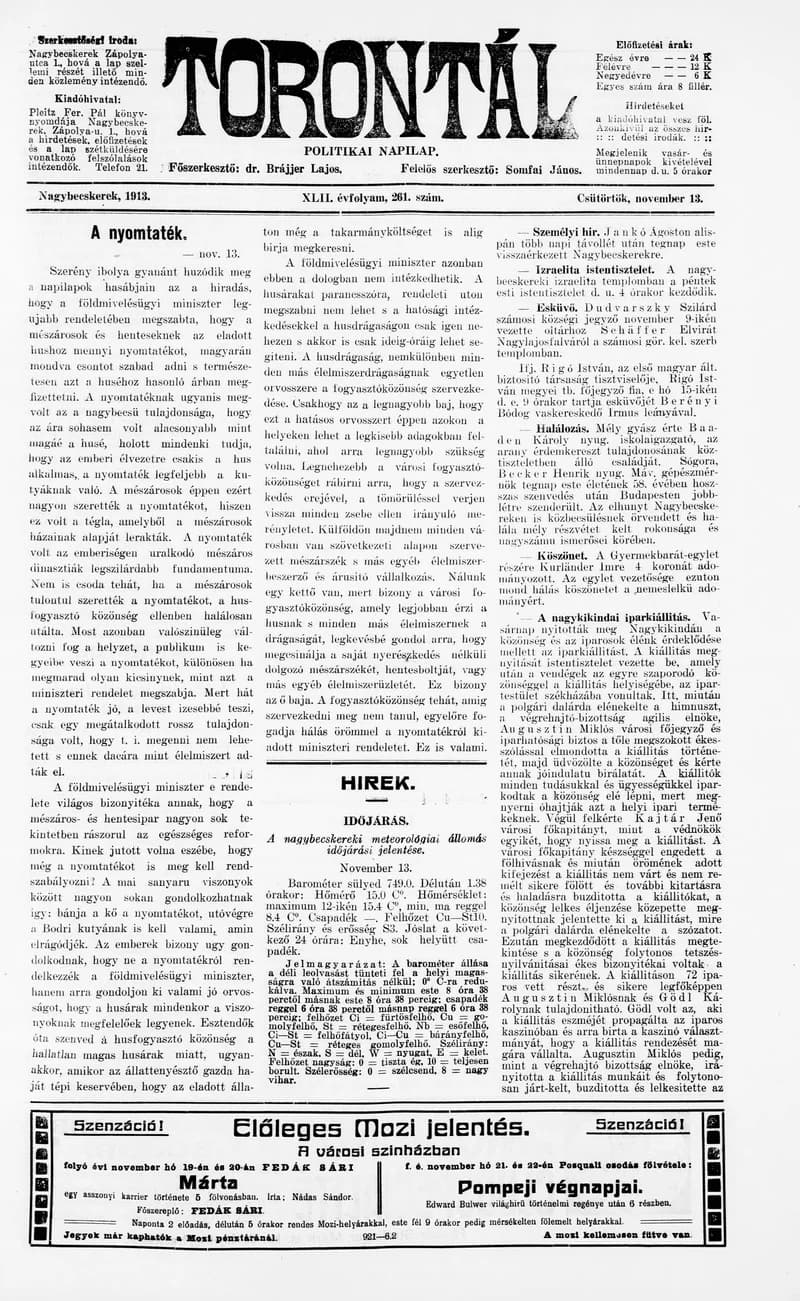 Torontál, 42. évf. 1913. november 13. 261. sz.