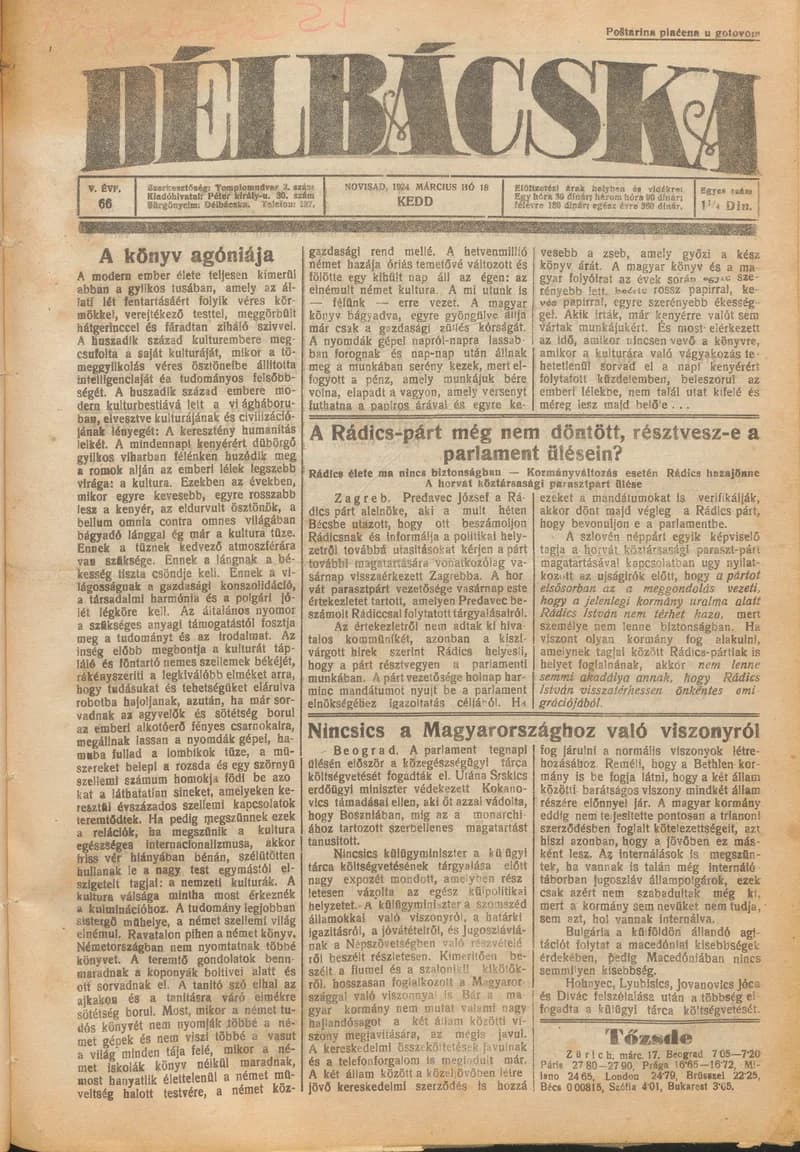 Délbácska, 5. évf. 1924. március 18. 66. sz.