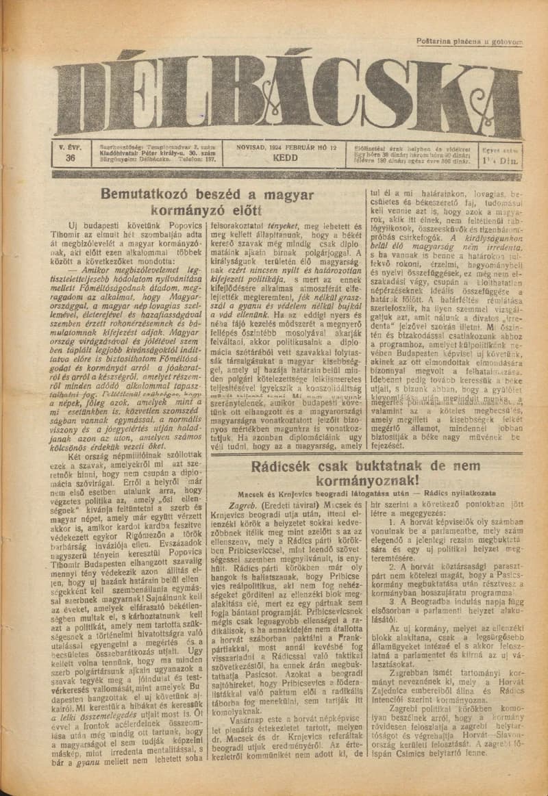 Délbácska, 5. évf. 1924. február 12. 36. sz.