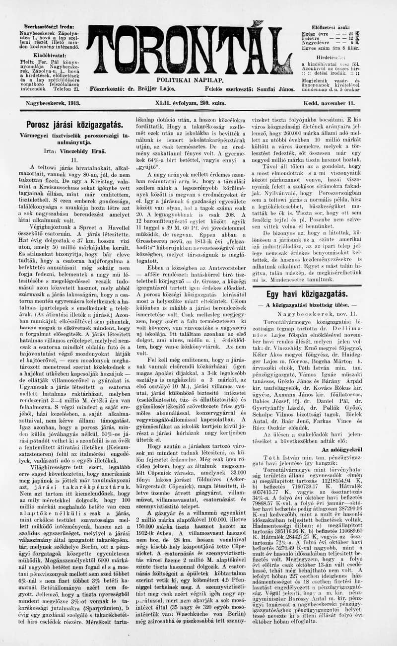 Torontál, 42. évf. 1913. november 11. 259. sz.