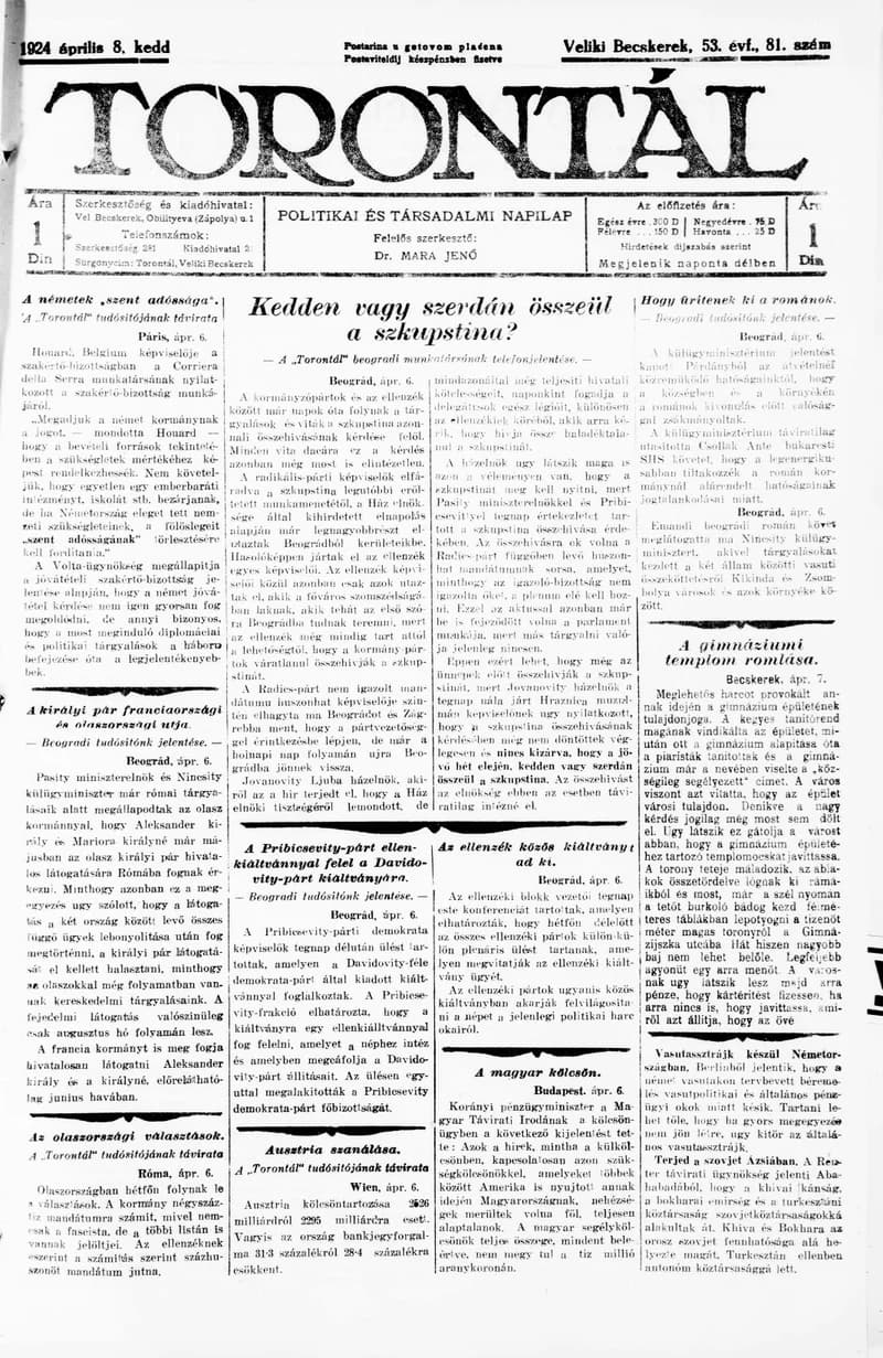 Torontál, 53. évf. 1924. április 8. 81. sz.