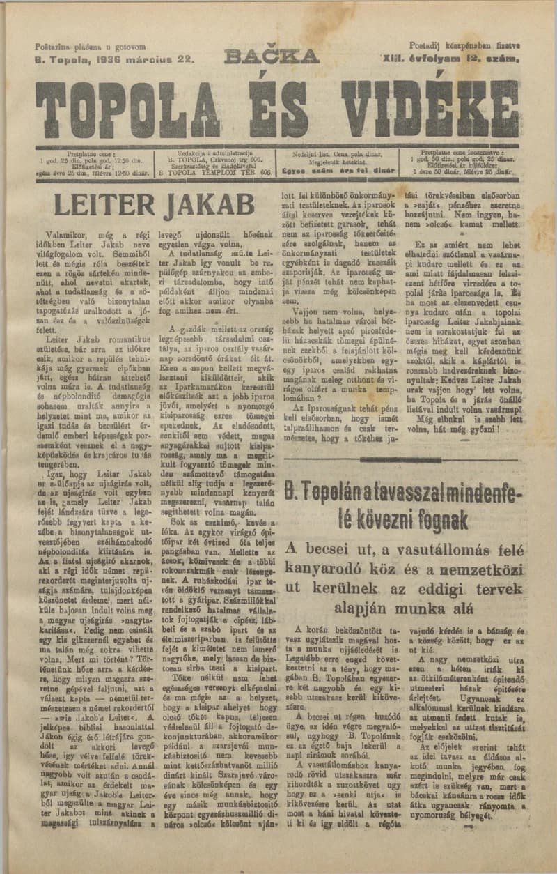 Bačka Topola és Vidéke, 13. évf. 1936. március 22. 12. sz.