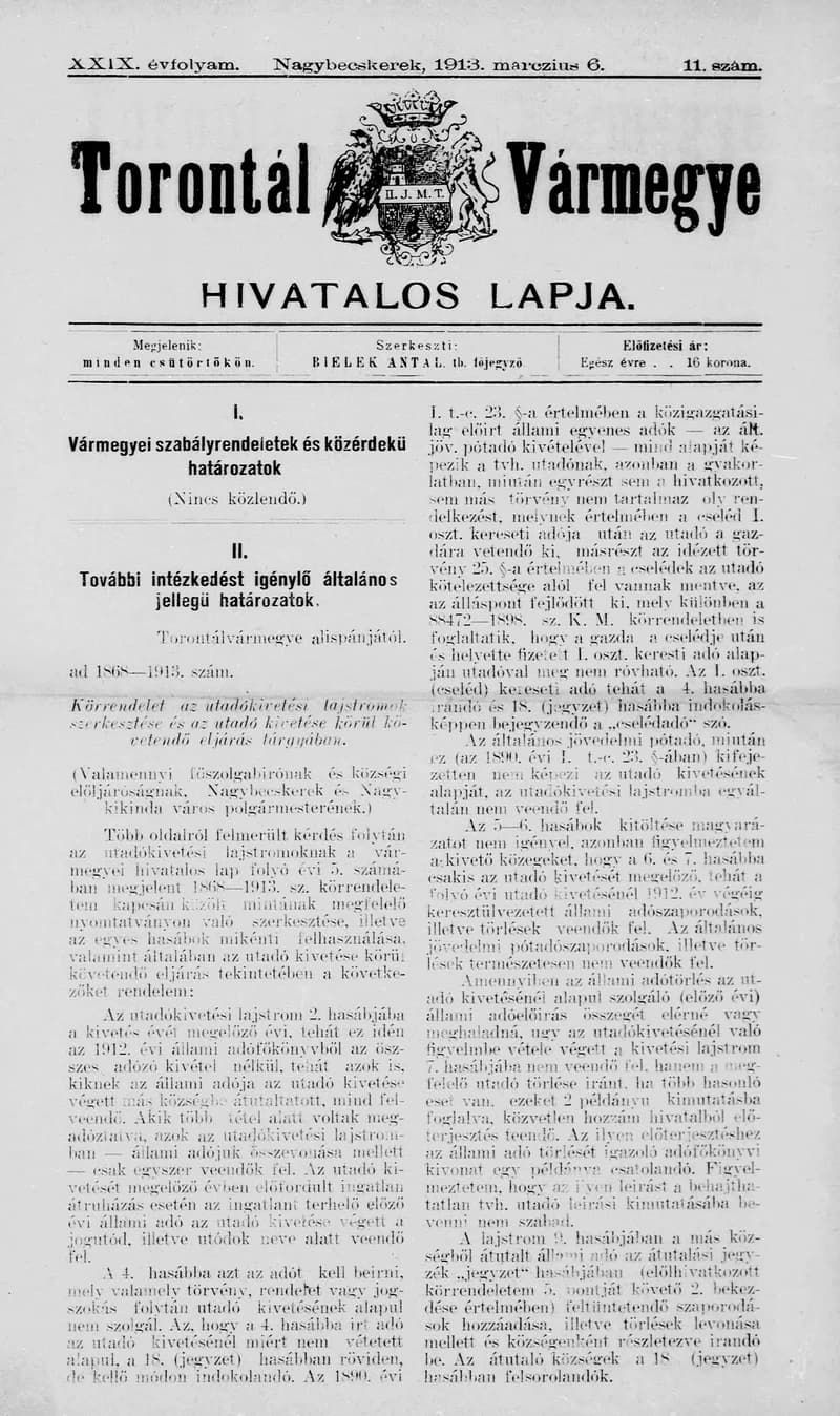 Torontál Vármegye Hivatalos Lapja, 29. évf. 1913. március 6. 11. sz.