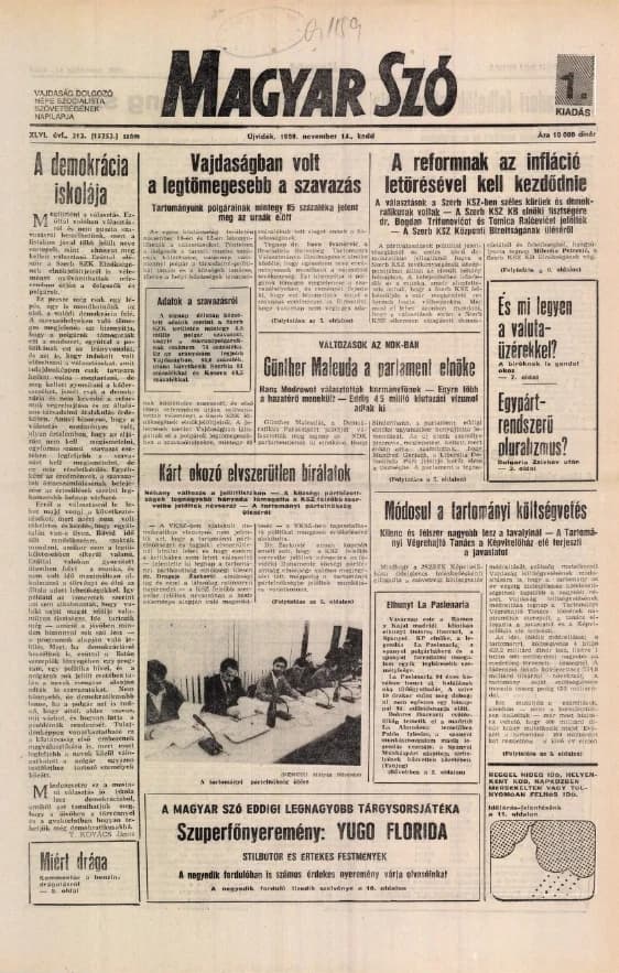 Magyar Szó, 46. évf. 1989. november 14. 313. sz. 1–16. oldal