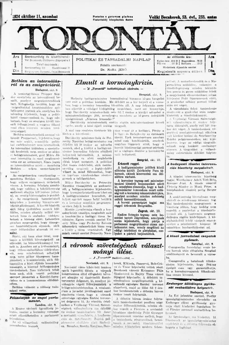 Torontál, 53. évf. 1924. október 11. 233. sz.
