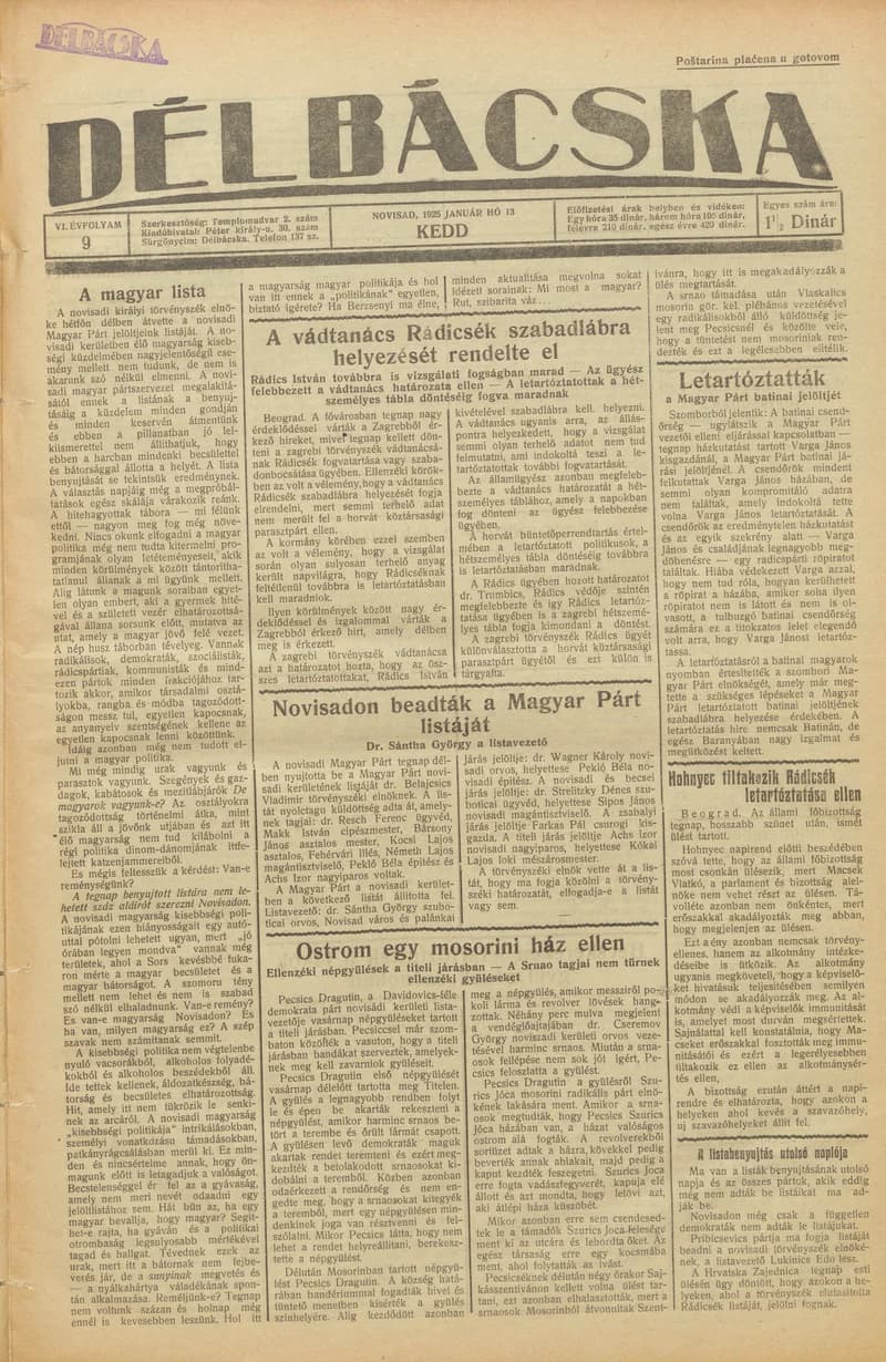 Délbácska, 6. évf. 1925. január 13. 9. sz.
