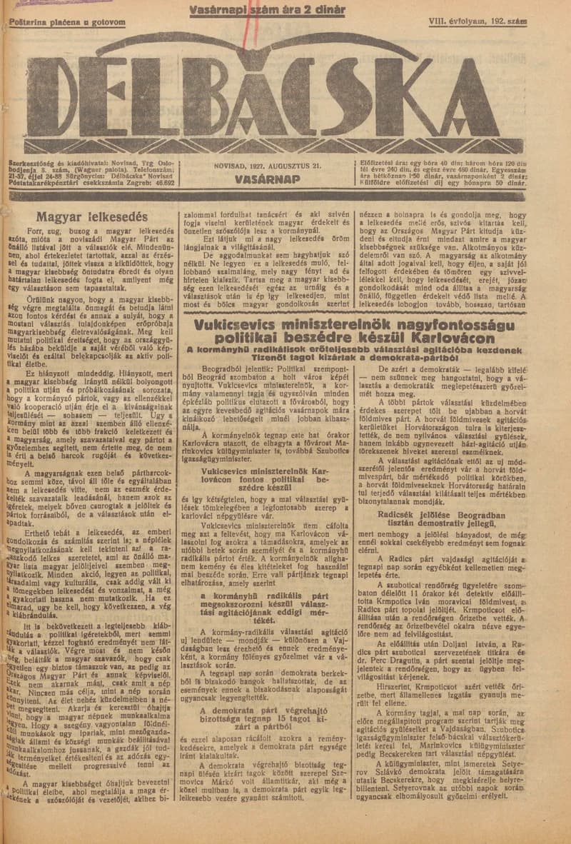 Délbácska, 8. évf. 1927. augusztus 21. 192. sz.
