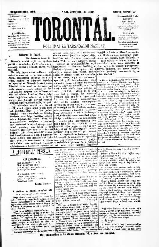 Torontál, 22. évf. 1893. február 22. 43. sz.
