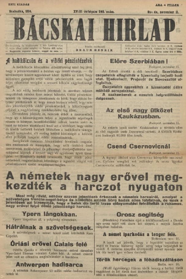 Bácskai Hirlap, 18. évf. 1914. november 11. 293. sz.