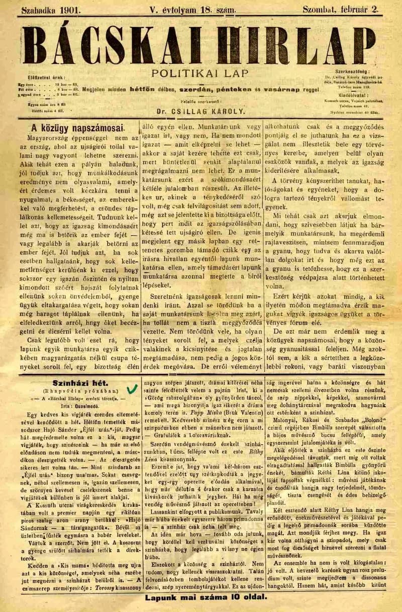 Bácskai Hirlap, 5. évf. 1901. február 2. 18. sz.