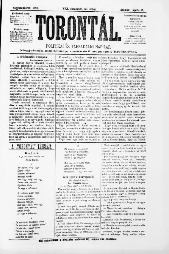 Torontál, 21. évf. 1892. április 16. 69. sz.